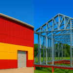 Side-by-side comparison of a finished red and yellow PEMB building and an under-construction cold-formed steel structure, illustrating key differences in framing and exterior finish – PEMB vs cold-formed steel buildings.