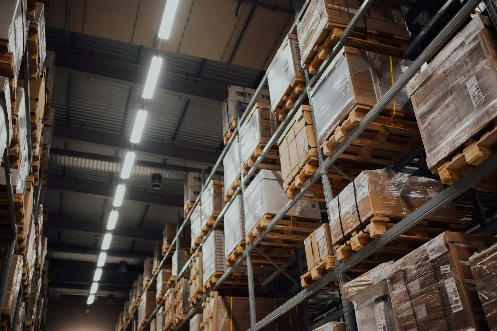Interior shot looking upward at a storage shelf with boxes