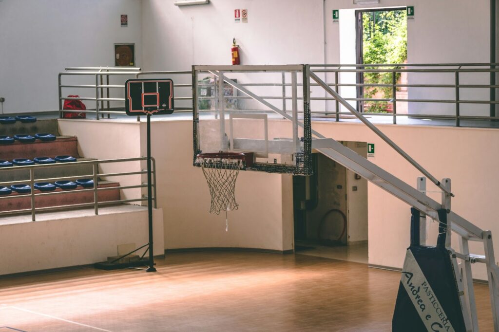 An indoor basketball court.