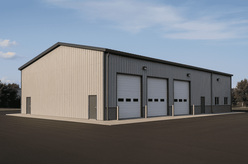 cold formed steel light industrial building with warehouse and 3x qhite roll up doors