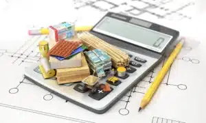 cost calculation image containing calculator, pencil, eraser, blueprint