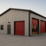 cold formed steel garage workshop building with 2x red roll-up doors