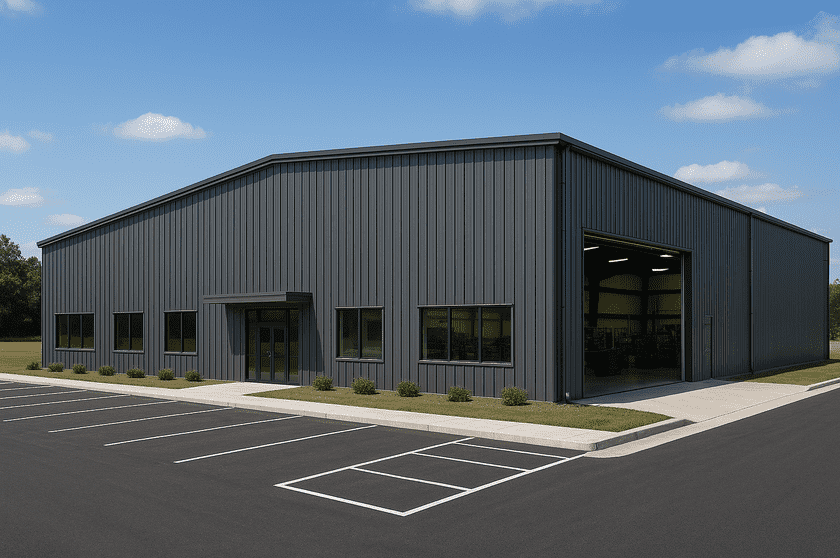 cold formed steel commercial building, slate grey paint with a few square windows and doorway storefront entrance
