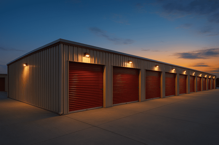 cold formed steel self storage building, twilight red doors 8x units